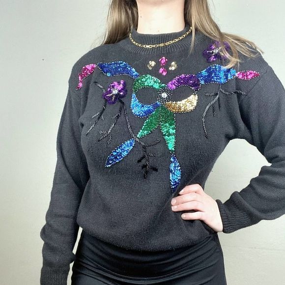 Vintage Sweaters - Vintage 80s Christmas Sequin Bow Crewneck Sweater